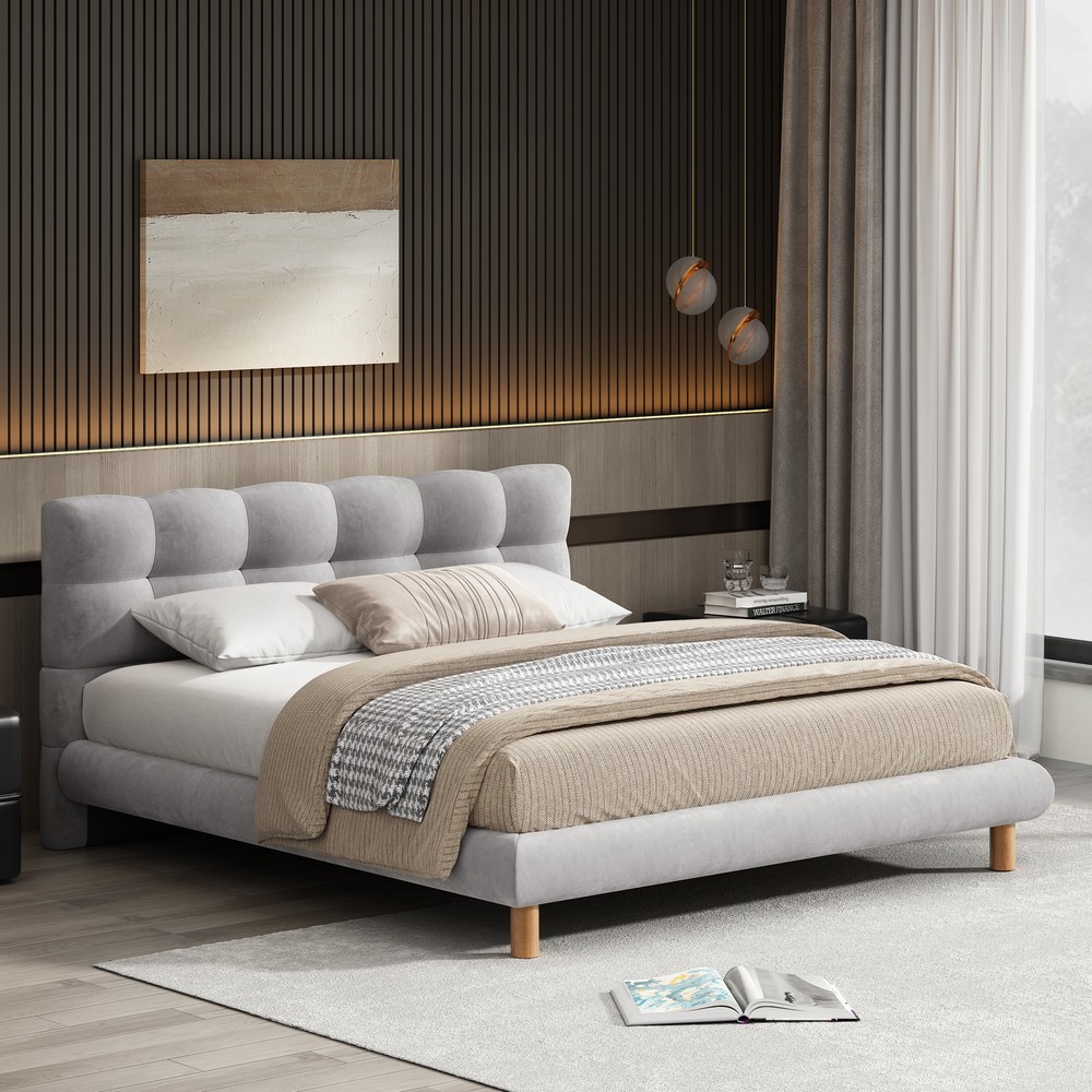 Queen Size Upholstered Platform Bed Frame with Cookie-Shaped Headboard, Easy Ass