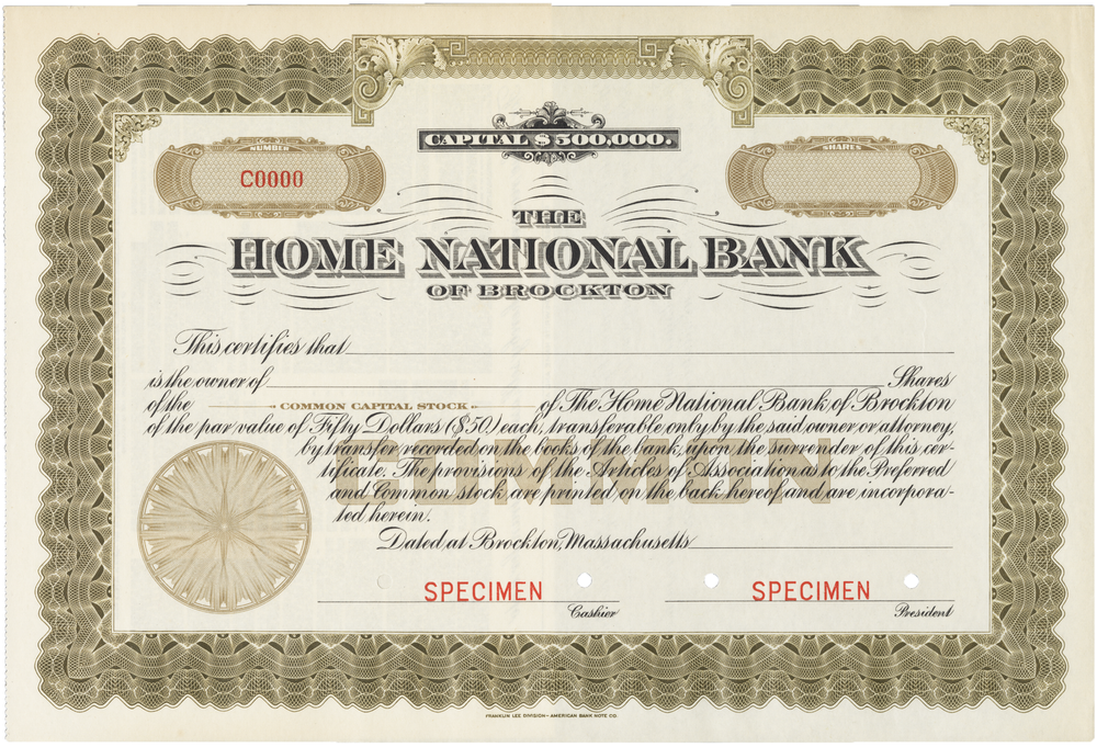Vintage The Home National Bank of Brockton Stock Certificate