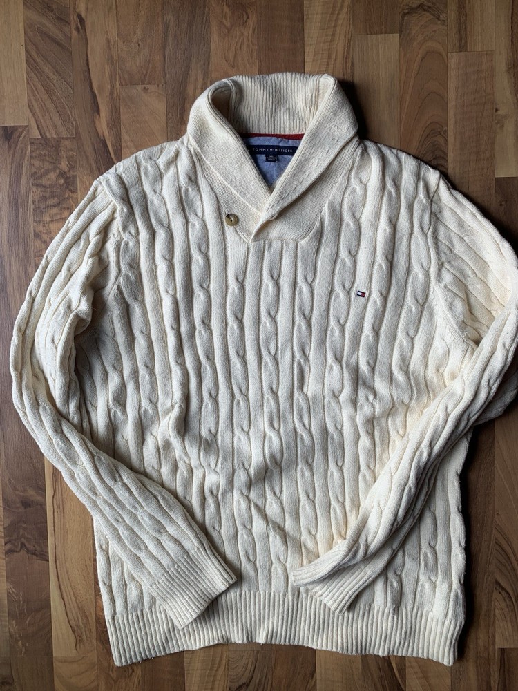 Tommy Hilfiger Wool Blend Cable Knit Pullover XXL Sweater Shawl Collar Ivory 2X