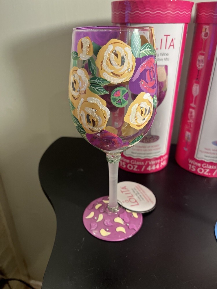 LOLITA Hand Painted Purple Yellow Roses Wine Glass