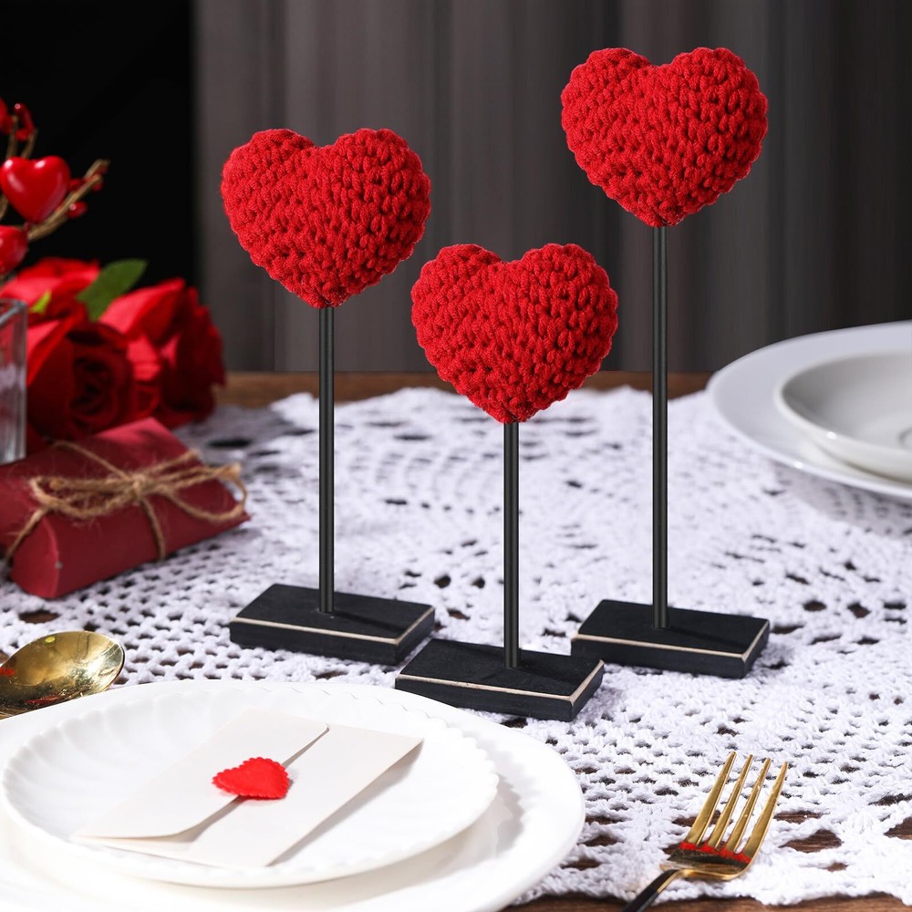 3 Pack Valentine's Day Heart Table Decor Crochet Heart Sign Centerpiece Knitt...