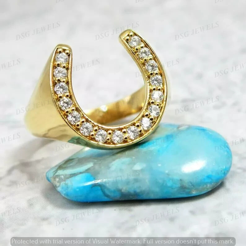 1.30Ct Round Moissanite Horseshoe For Men's Pinky Ring 14K Yellow Gold Plated