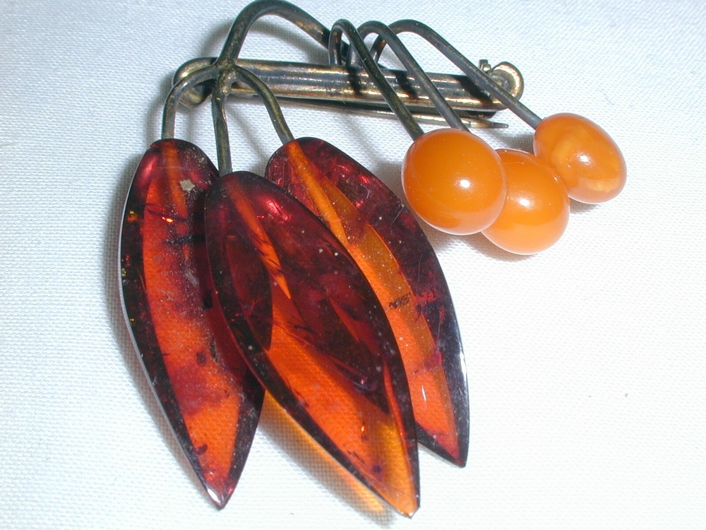 Antique Baltic Amber Cognac Butterscotch Gold Washed 835 Brooch