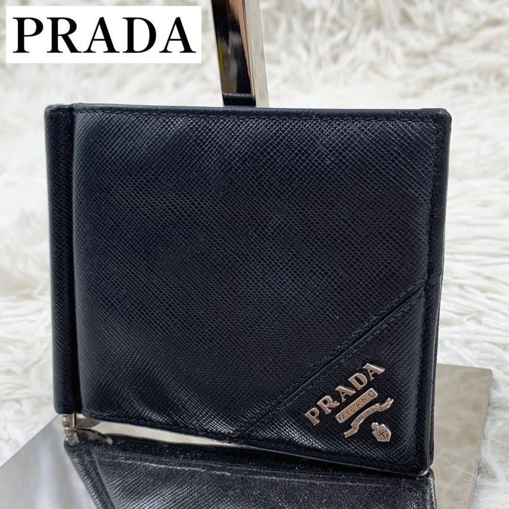 Prada Black Saffiano Leather Money Clip with Metal Logo