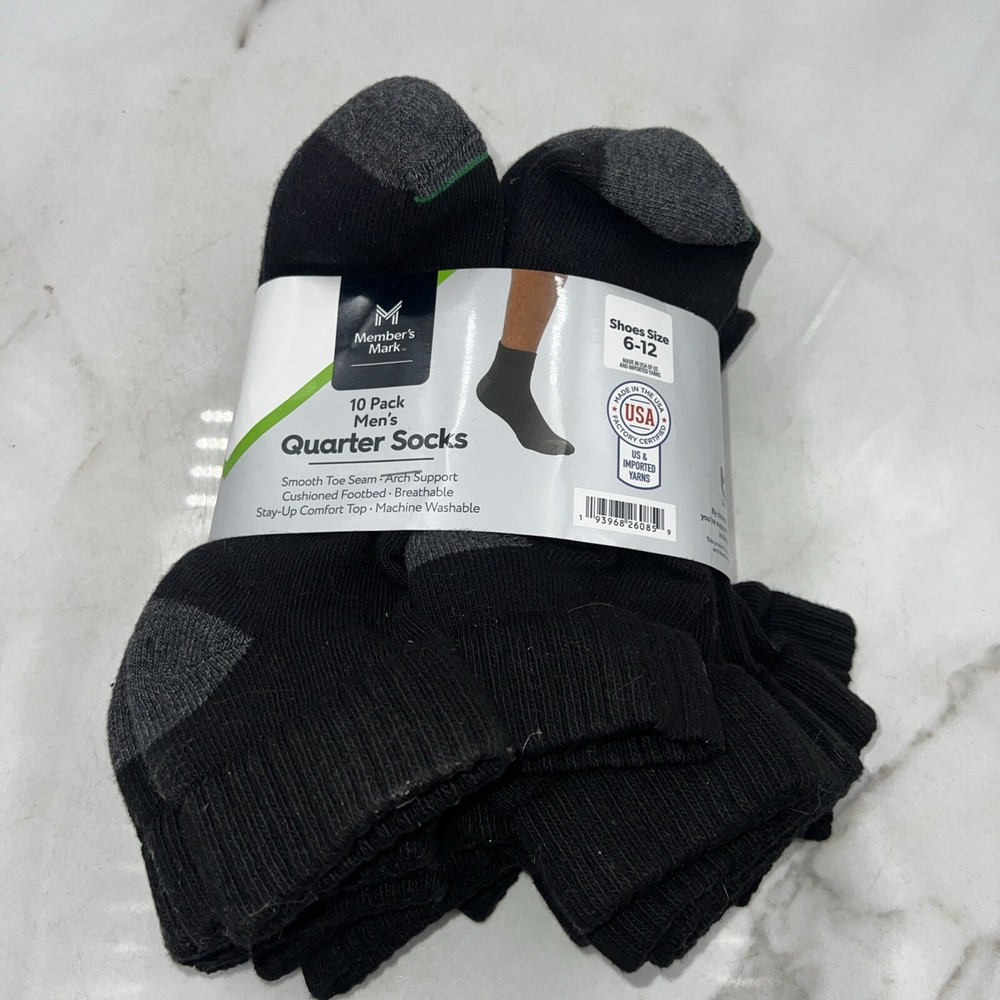 Men's Black Quarter Socks with Arch Support - Size 6-12 - 10 Pack-image