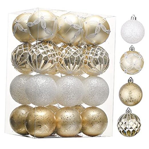Christmas Tree Decorations Set, 24ct White and Gold Shatterproof Christmas
