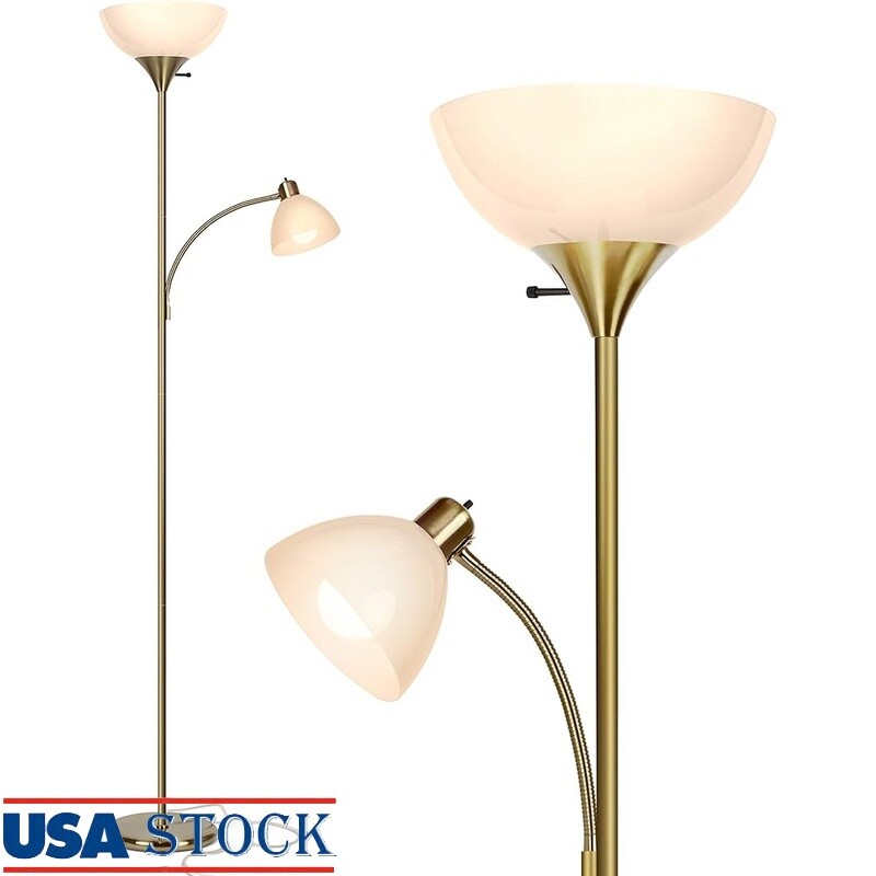 Super Bright Dimmable LED Floor Lamp with Reading Light in Brass Finish Energy Saving Tall Design