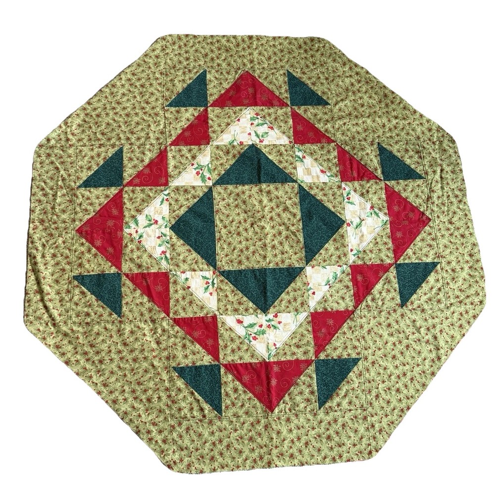 Vtg Handmade Christmas Table Runner Tree Skirt Holly Leaves Xmas Decor Fabric