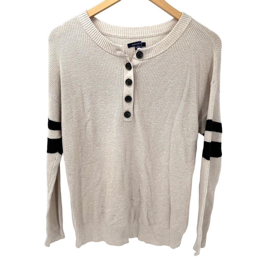 American Eagle Sweater Womens Small Henley Knit Pullover Tan Black Long Sleeve