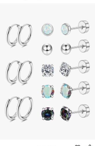 Jstyle Hypoallergenic Surgical Steel Flat Back Studs & Hoops 8 Pairs NWOT