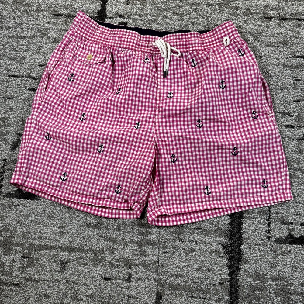 Polo Ralph Lauren Swim Trunks Pink Gingham Check Nautical Anchor Mens Size LRG