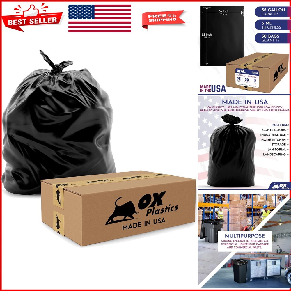 50 Count Heavy-Duty 55 Gallon Trash Bags - 3 MIL Puncture-Resistant Black Liners