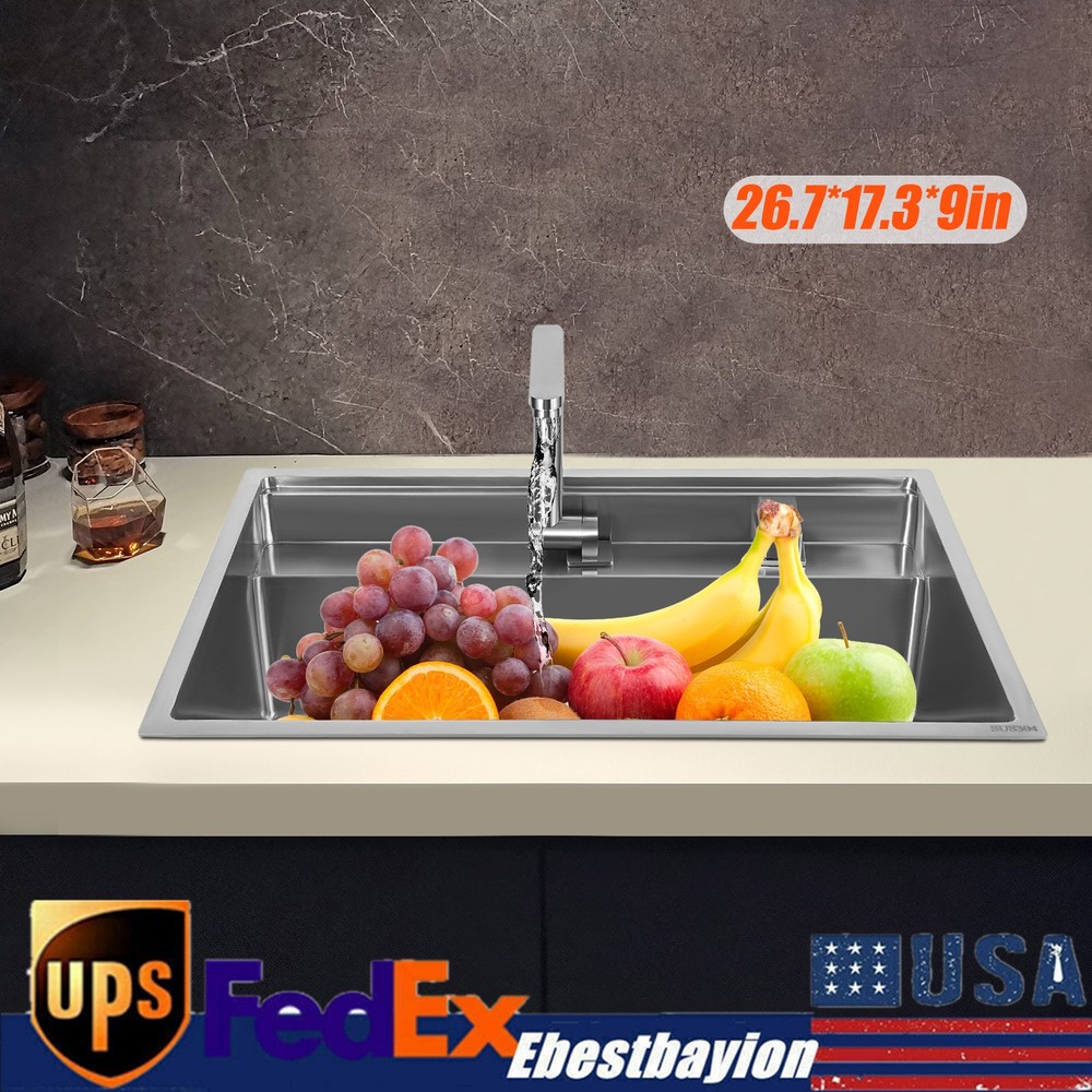 26.7 Inch 304 Stainless Steel Drop-In Single Bowl Kitchen Sink with Accessories