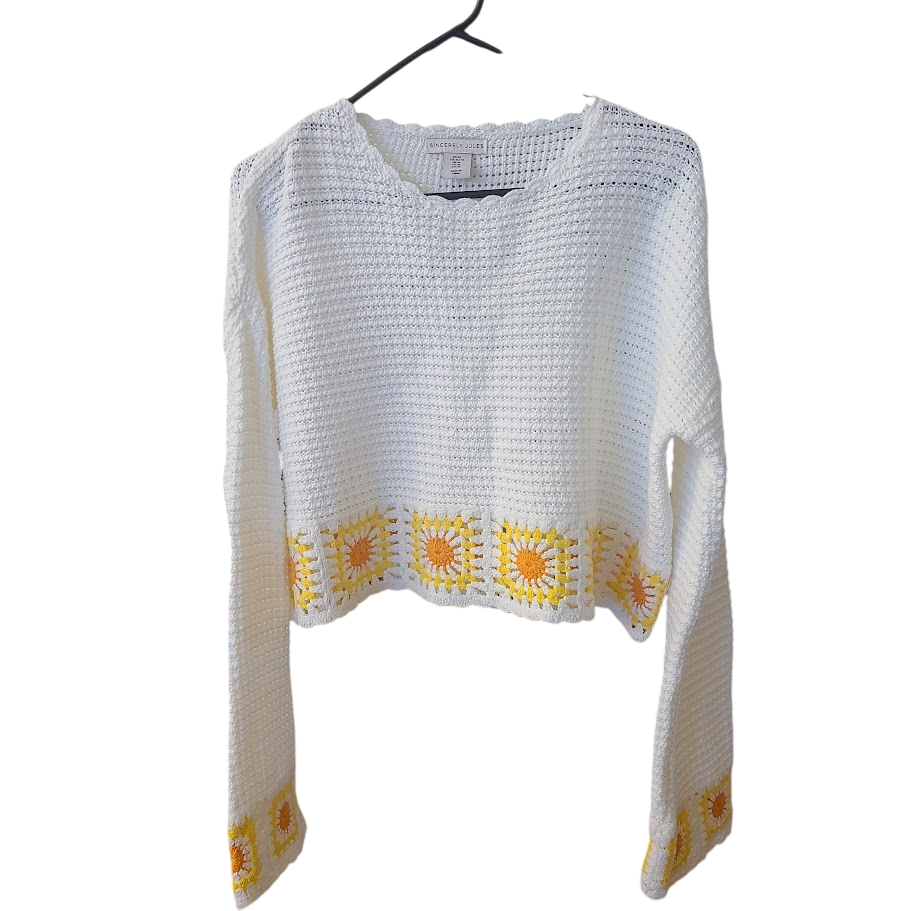 Sincerely Jules Boxy Daisy Crochet Cropped Sweater XL Boho CottageCore 70's