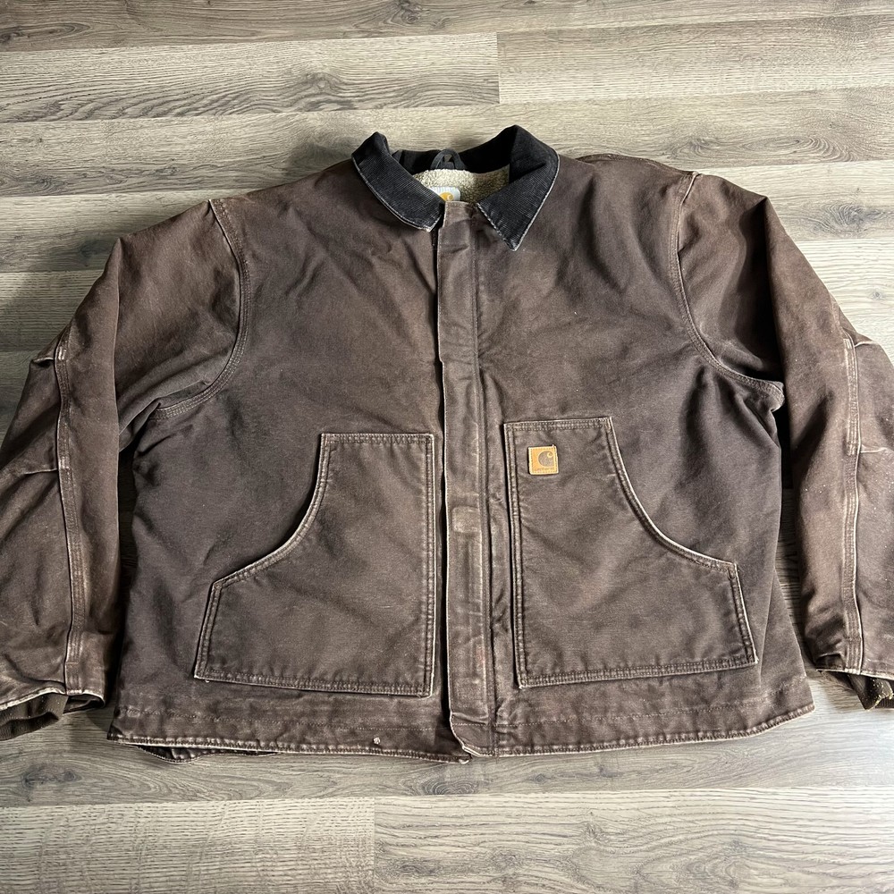 Carhartt Mens Dearborn Sherpa Lined Distressed Work Jacket 2XL Dark Brown