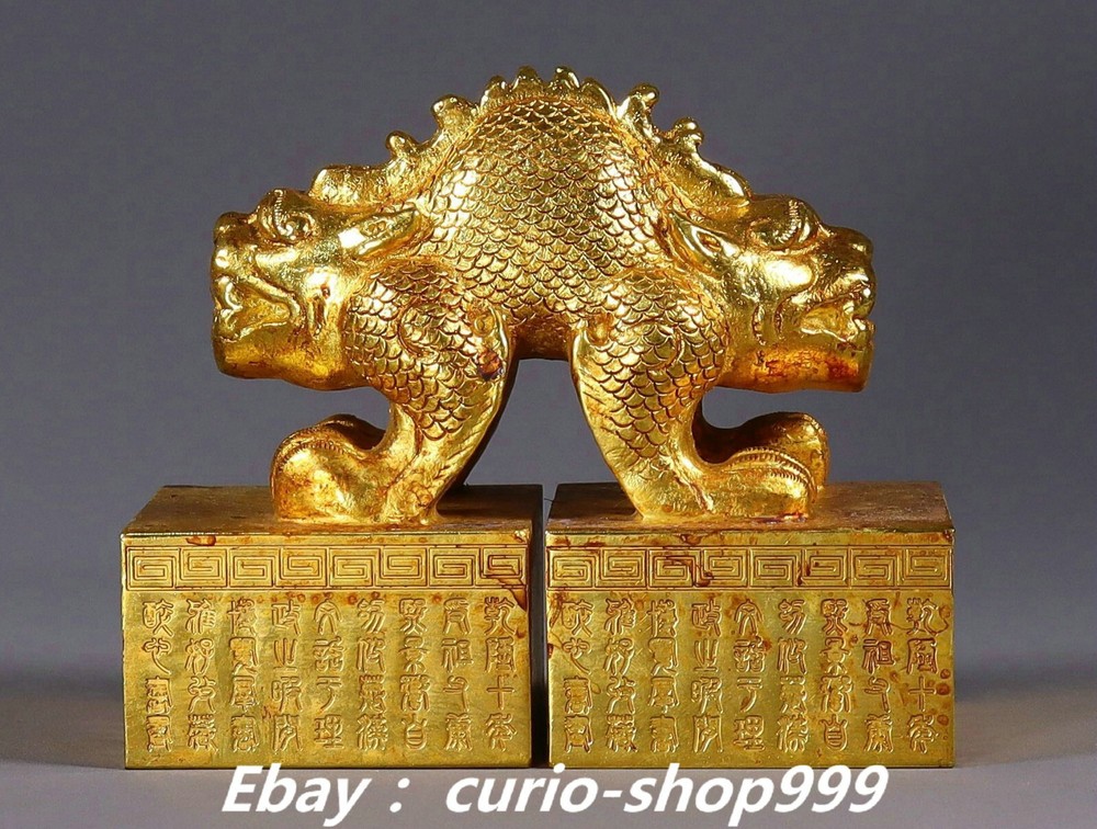 3.9 Inch Antique Chinese Dynasty Copper Gold Double Dragon Loong Seal Stamp Signet