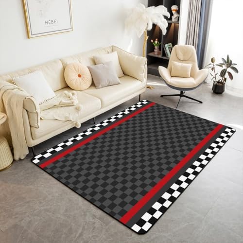 Black Honeycomb Racing Car Track Rug 5x6'6 - Black White Red Design