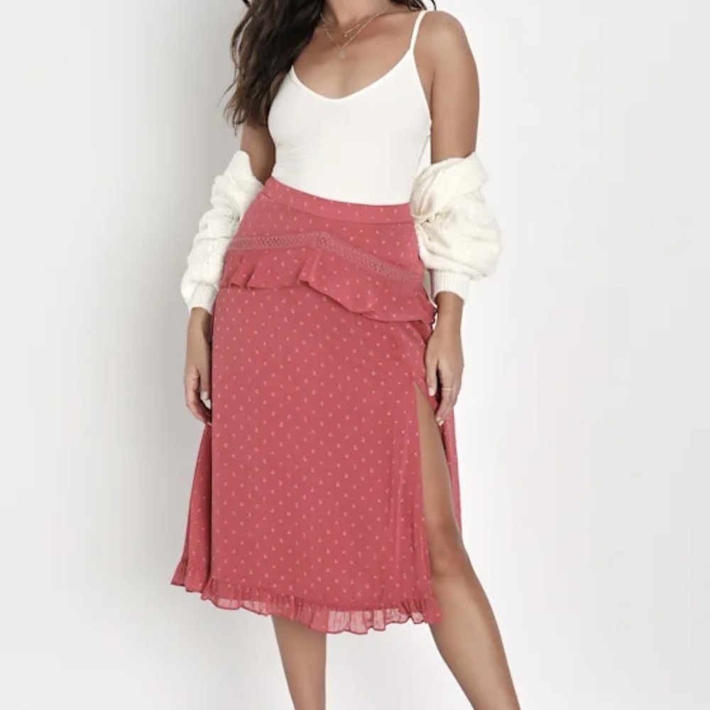 Lulu’s Dusty Rose Midi Skirt Ruffle Lace Trim Swiss Dot Overlay Size Medium NWT