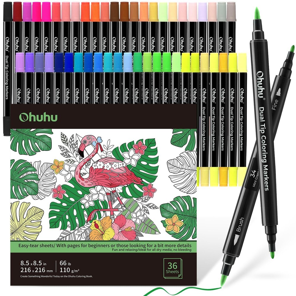 Ohuhu Markers Brush Tip 48-colors with 36-sheet Coloring Book - Double Tipped...