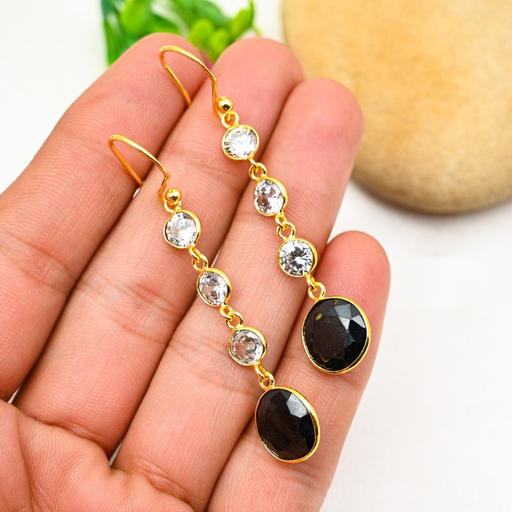 Black Onyx and White Topaz 925 Sterling Silver Handmade Earrings