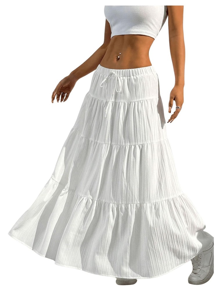 Elegant Women's Boho Maxi Skirts, Flowy A-Line, Ruffle Hem, Elastic Waist