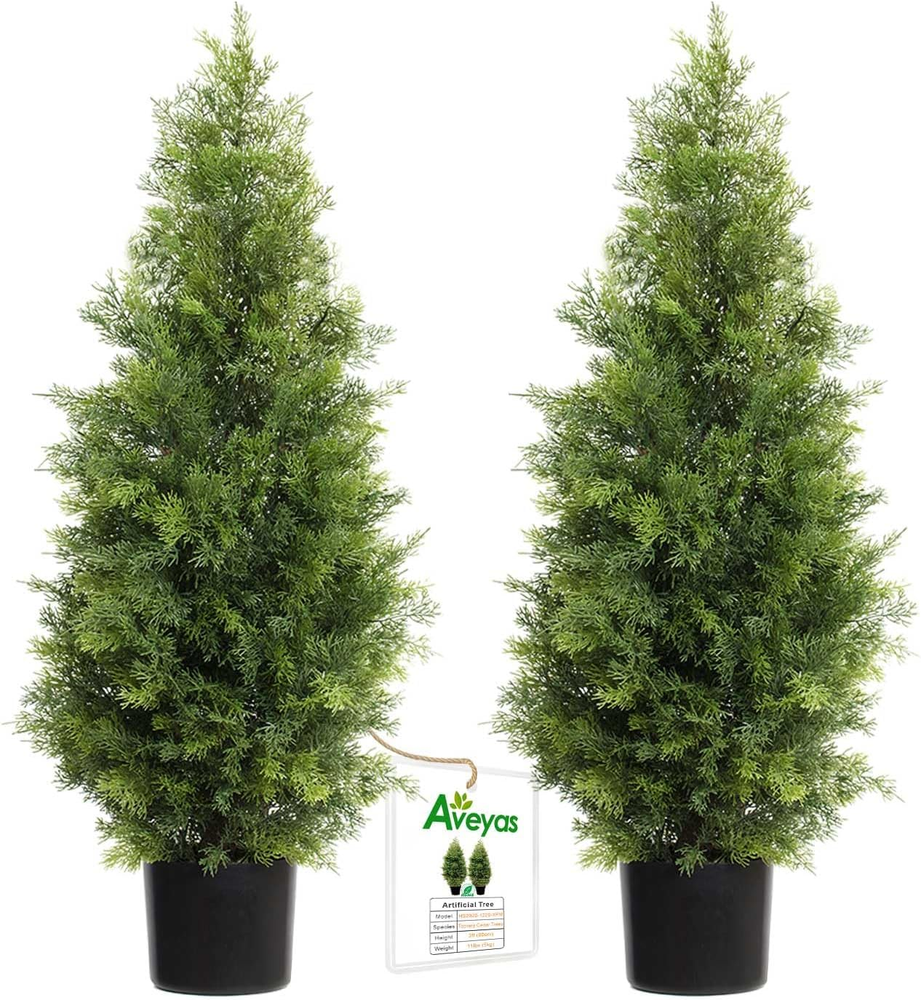 3Ft Artificial Cedar Topiary Trees for Outdoor Front Porch or Door in Faux Pot