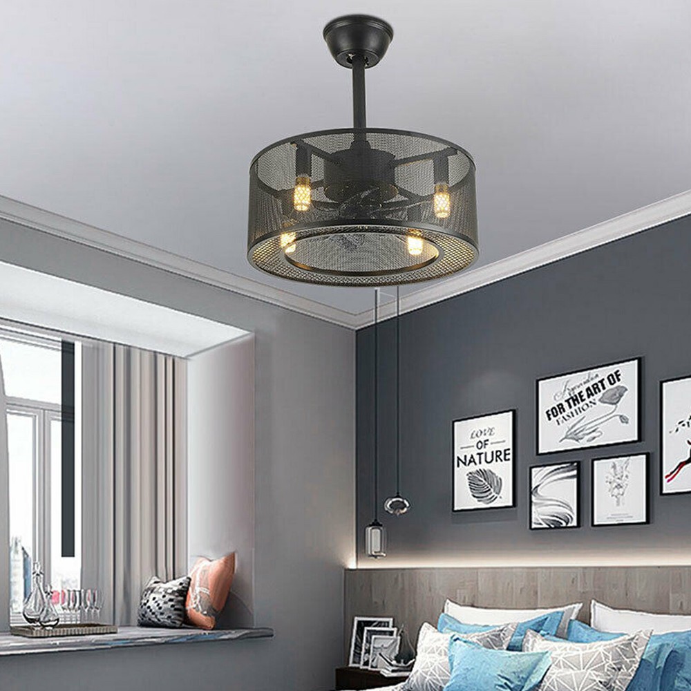18-Inch Black Industrial Cage Pendant Lamp with Enclosed Ceiling Fan Light  