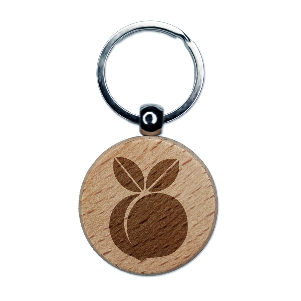 Plump Peach Engraved Wood Round Keychain Tag Charm