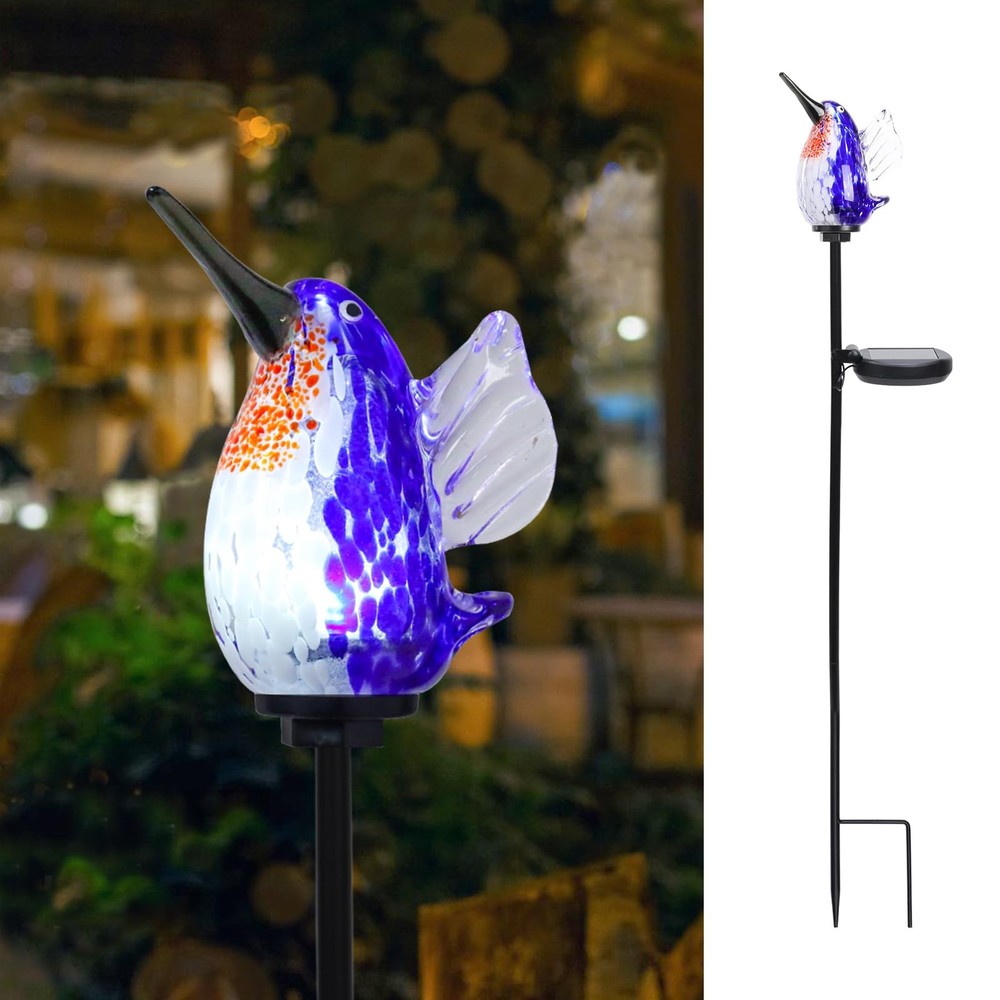 Solar Garden Decoration Outdoor Hummingbird Lights, Hand Blown Glass Waterpro...