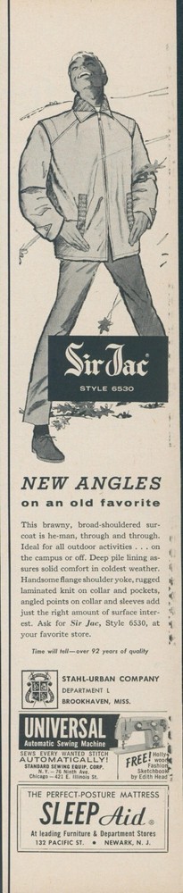 1962 Sir Jac Surcoat He-Man Outdoor Activities Stahl-Urban Vintage Print Ad L3