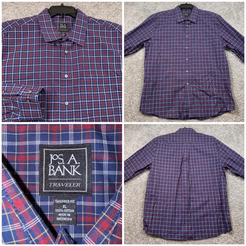 JOS A BANK TRAVELER Mens XL Red Blue Plaid Button Down Dress Shirt Tailored Fit
