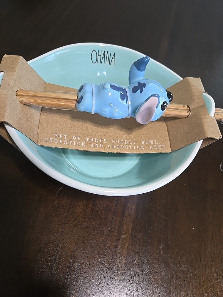 Rae Dunn Disney Stitch Noodle Bowl Chopstick Rest Set with Laughing Tongue