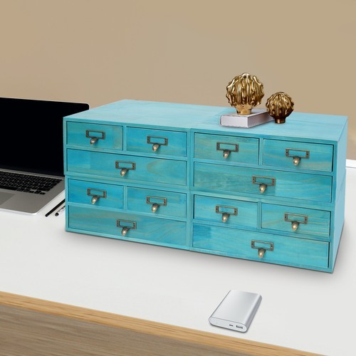 Wooden Desktop Organizer, Wooden Storage 3 Drawers for Tabletop Blue NEW