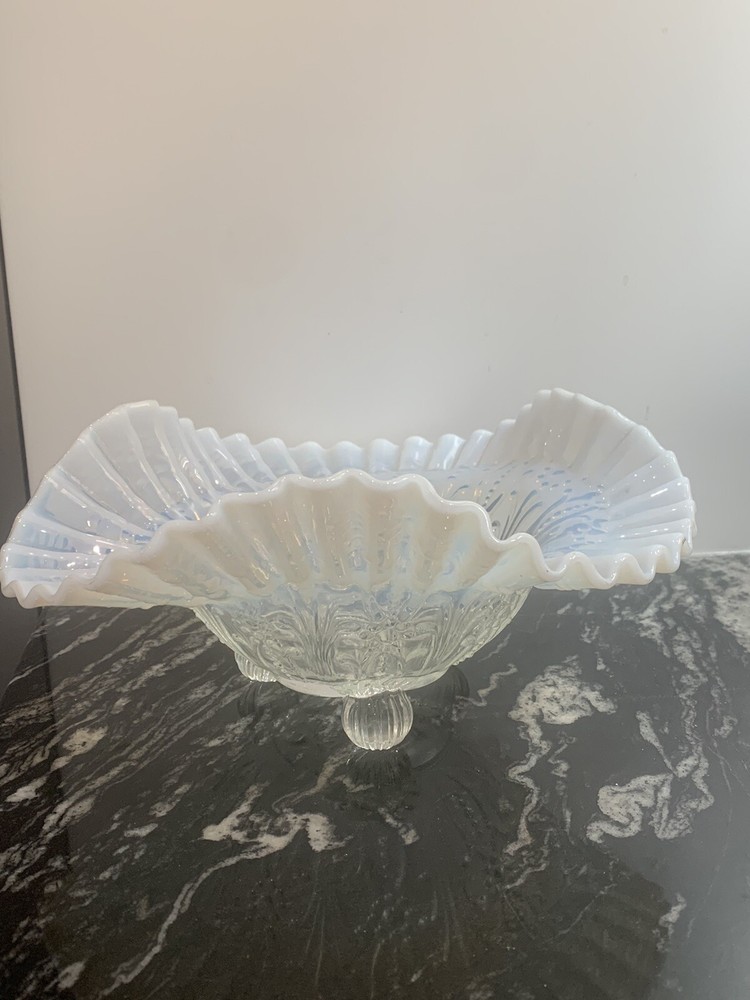 Vintage White Opalescent Ruffled Footed Bowl with Floral Rim