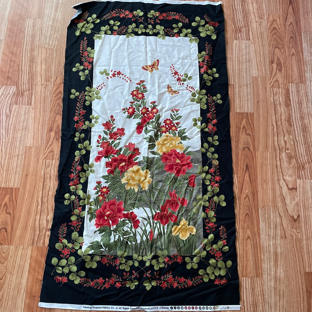 lotus red yellow floral fabric Panel timeless treasures