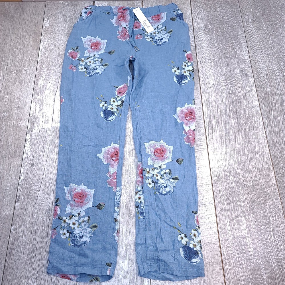 Eternelle Womens Floral Linen Pants Size XL Blue Chambray Lightweight Beach