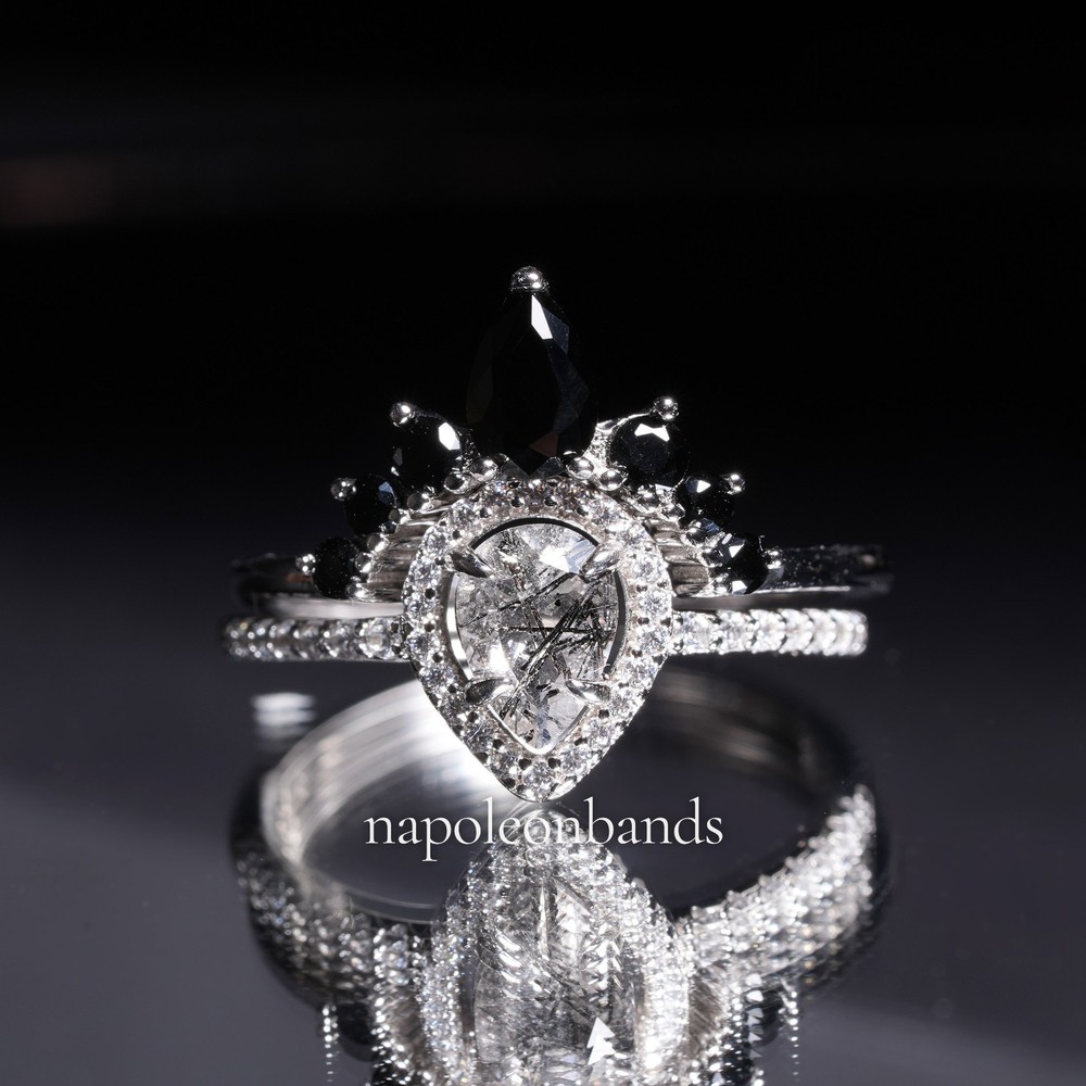 Rutilated Quartz Black Onyx Sterling Silver Bridal Engagement Ring Set