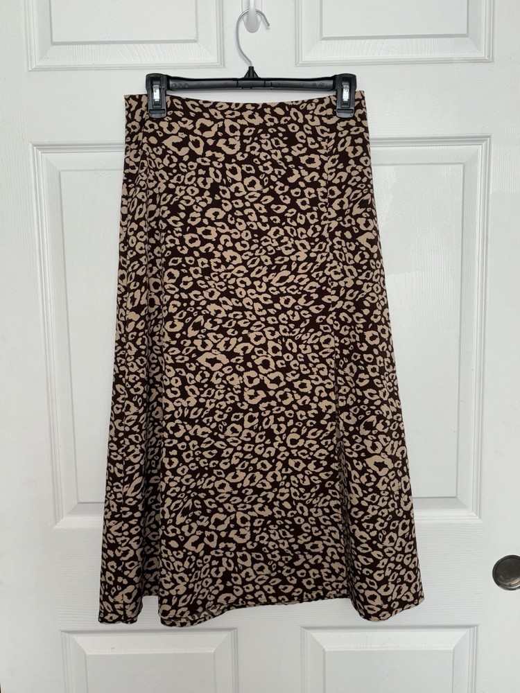 Women's Long Maxi Skirt Leopard Print Size S Small With Slit Brown