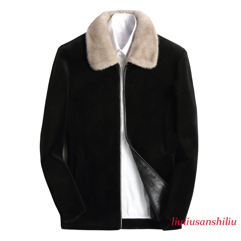 Mens Real Mink Fur Collar Short Coat Overcoat Shearling 100% Wool Zipper Jackets