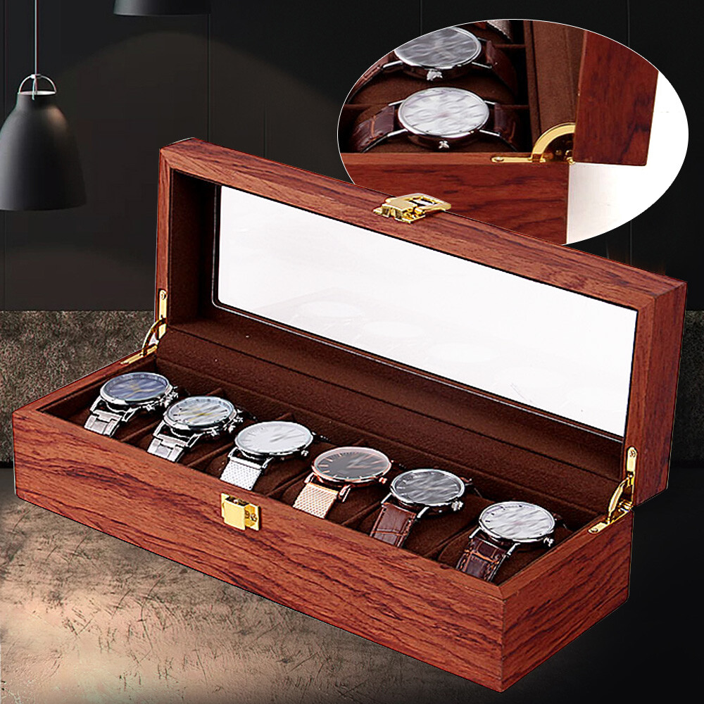Vintage 6-Slot Wooden Watch Display Case with Jewelry Storage Organizer