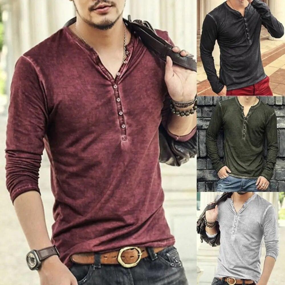Men Henley V-neck Shirt T-shirts Shirts Long Sleeve Cotton Pullover Comfy Button