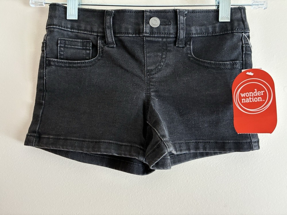 Wonder Nation Kid Girl Solid Black Elastic Waist Pull On Stretch Denim Shorts XS