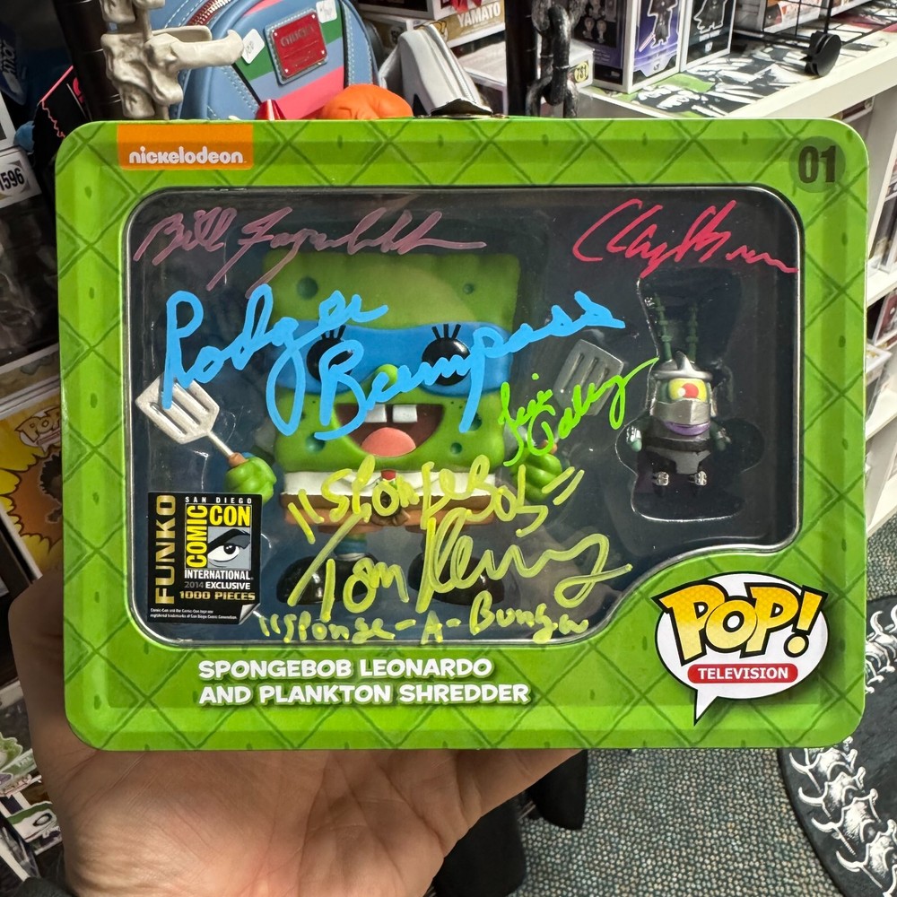 Spongebob Leonardo w/ Plankton #01 SDCC Con 1000pc Funko Pop Lunchbox w/ 5 Autos