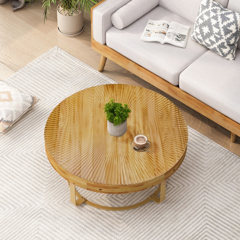 Modern round coffee table Wooden carving pattern coffee table with metal leg