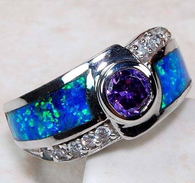 1CT Amethyst & Australian Opal Inlay 925 Sterling Silver Ring Jewelry Sz 6 AB5