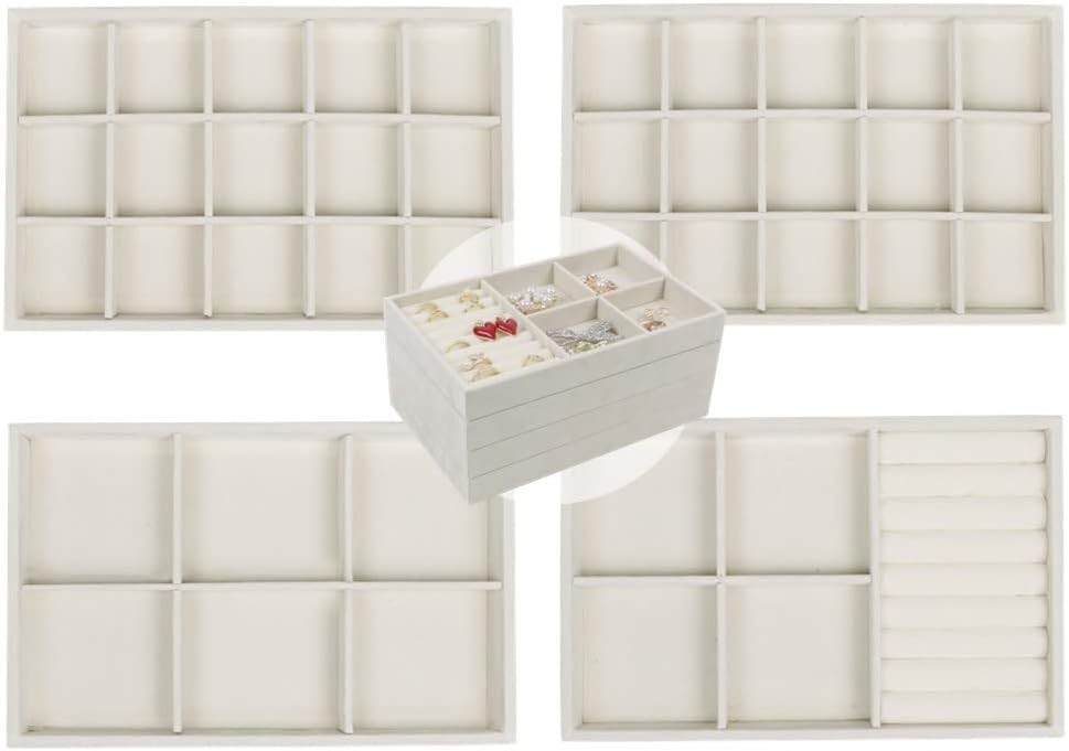 4-Piece Beige Velvet Stackable Jewelry Tray Organizer for Earrings