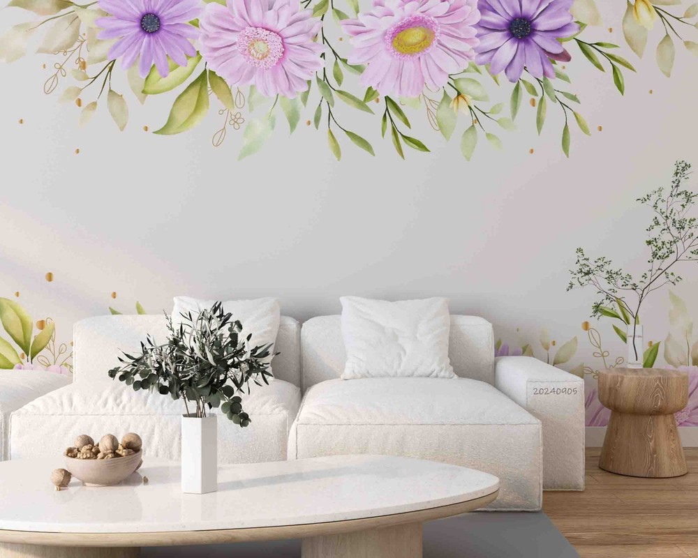 3D Purple Flowers Flora Watercolor Wall Murals Wallpaper Murals Wall Sticker 7