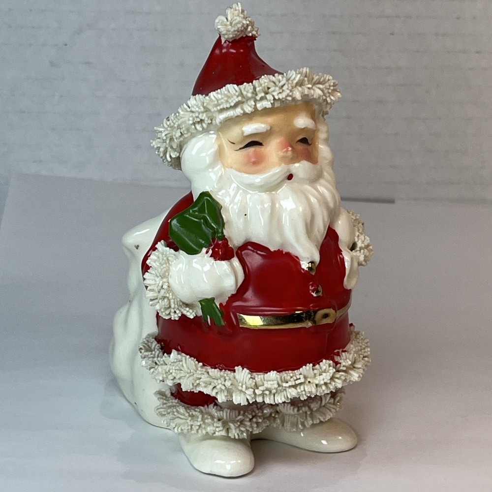 Vintage 1950s Napco Spaghetti Trim Porcelain Santa Planter, Candy Cane Holder