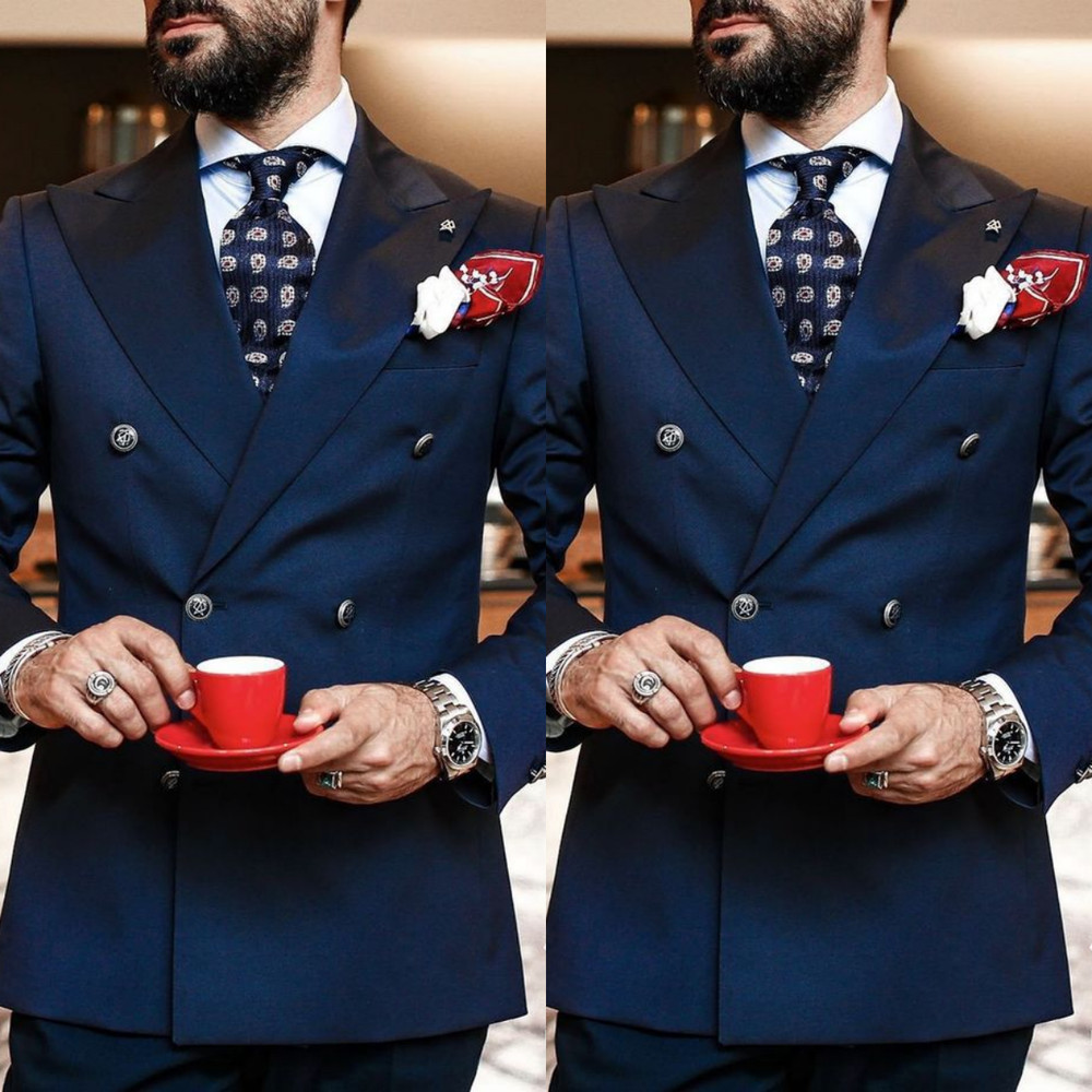 Navy Blue Men's Suit Business Tuxedo Jacket Formal Offical Jacket Pants 2Pcs