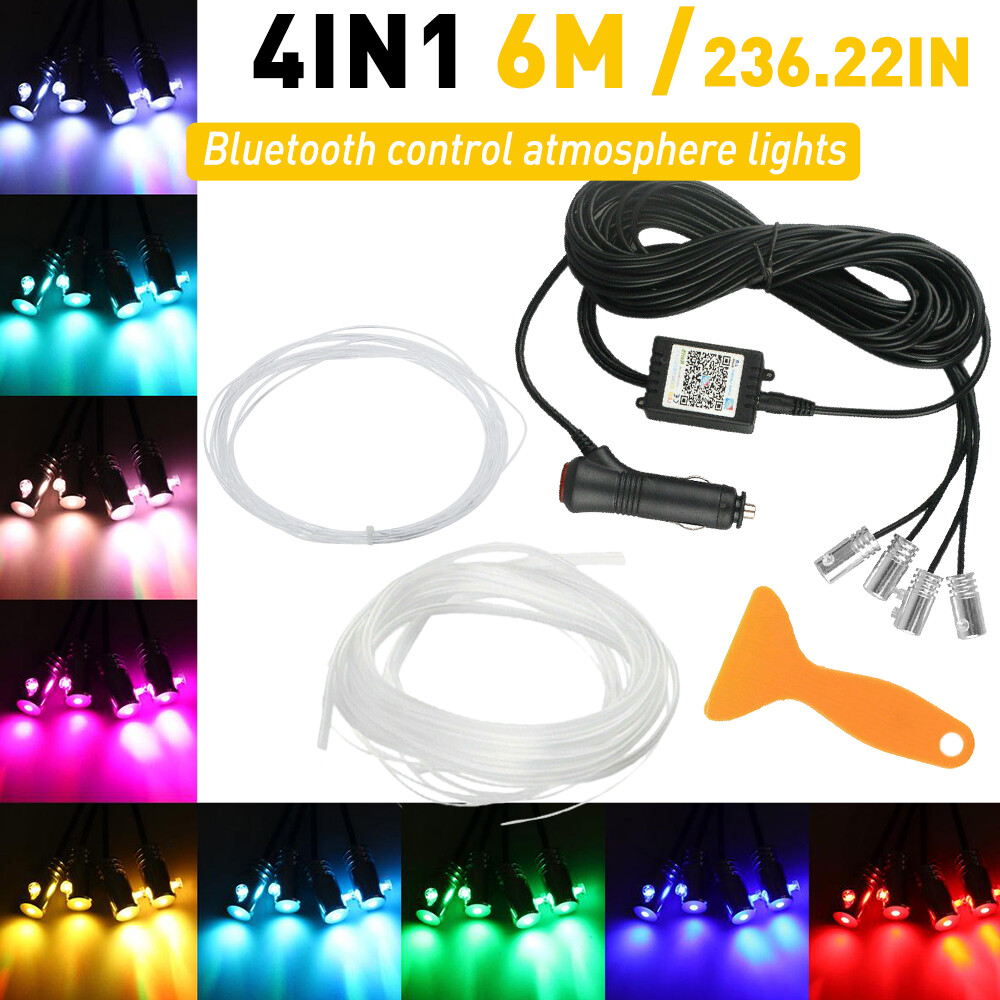 6M RGB LED Car Interior Fiber Optic Neon EL Wire Strip Atmosphere Light Kit APP